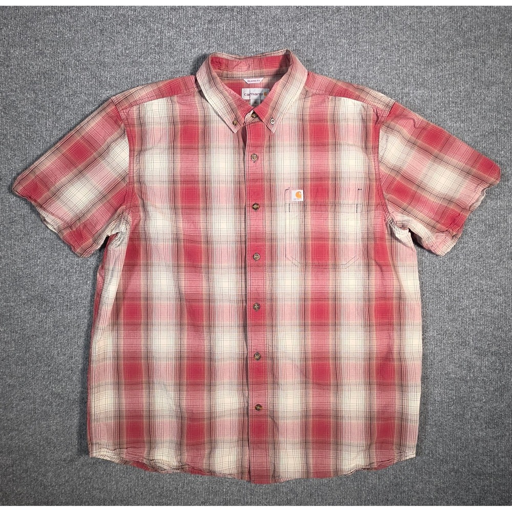 Carhartt Mens Relaxed Fit Plaid Short Sleeve Button Down Shirt Red White XL